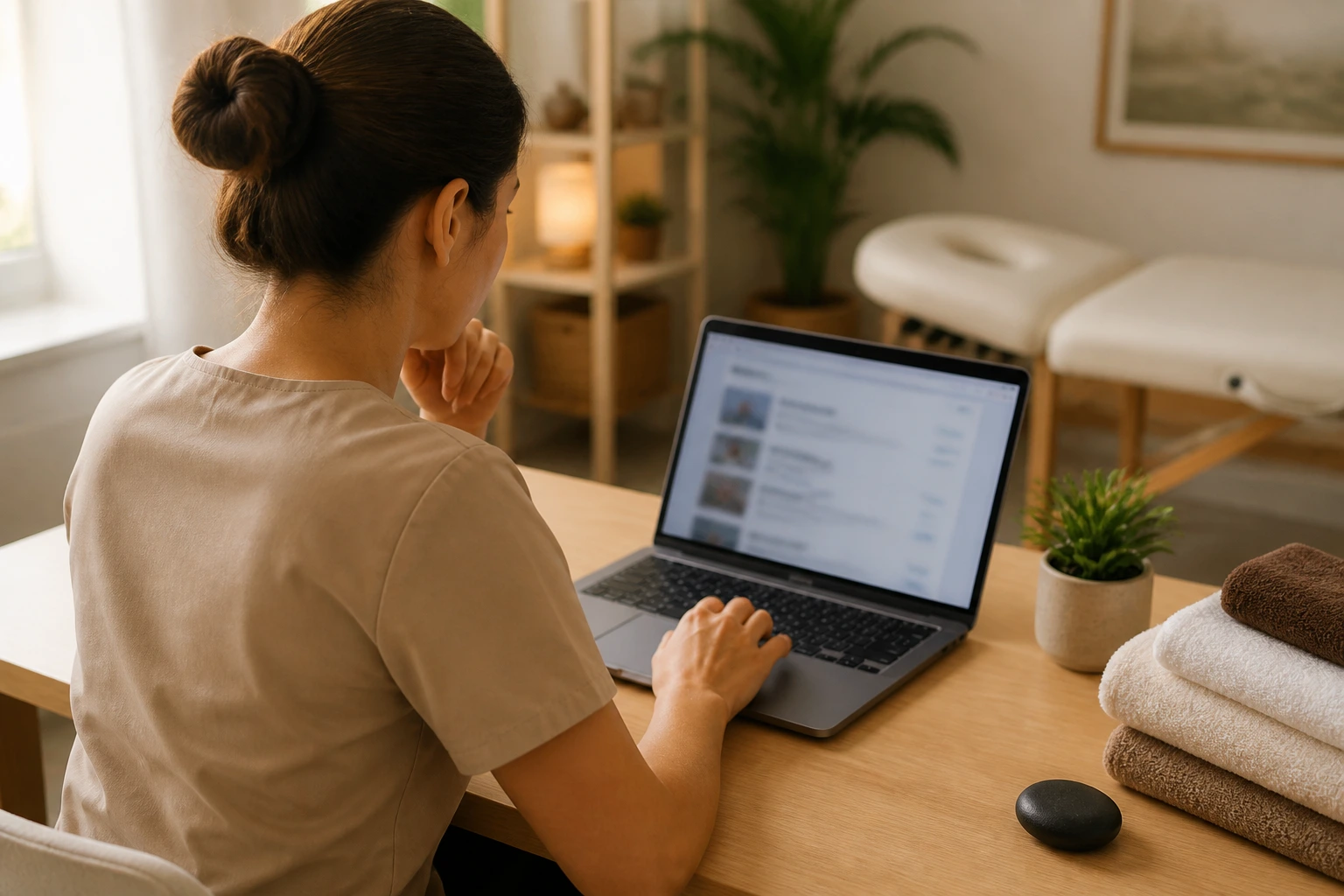 Person researching LMIA-supported massage therapist jobs on a laptop in a home office