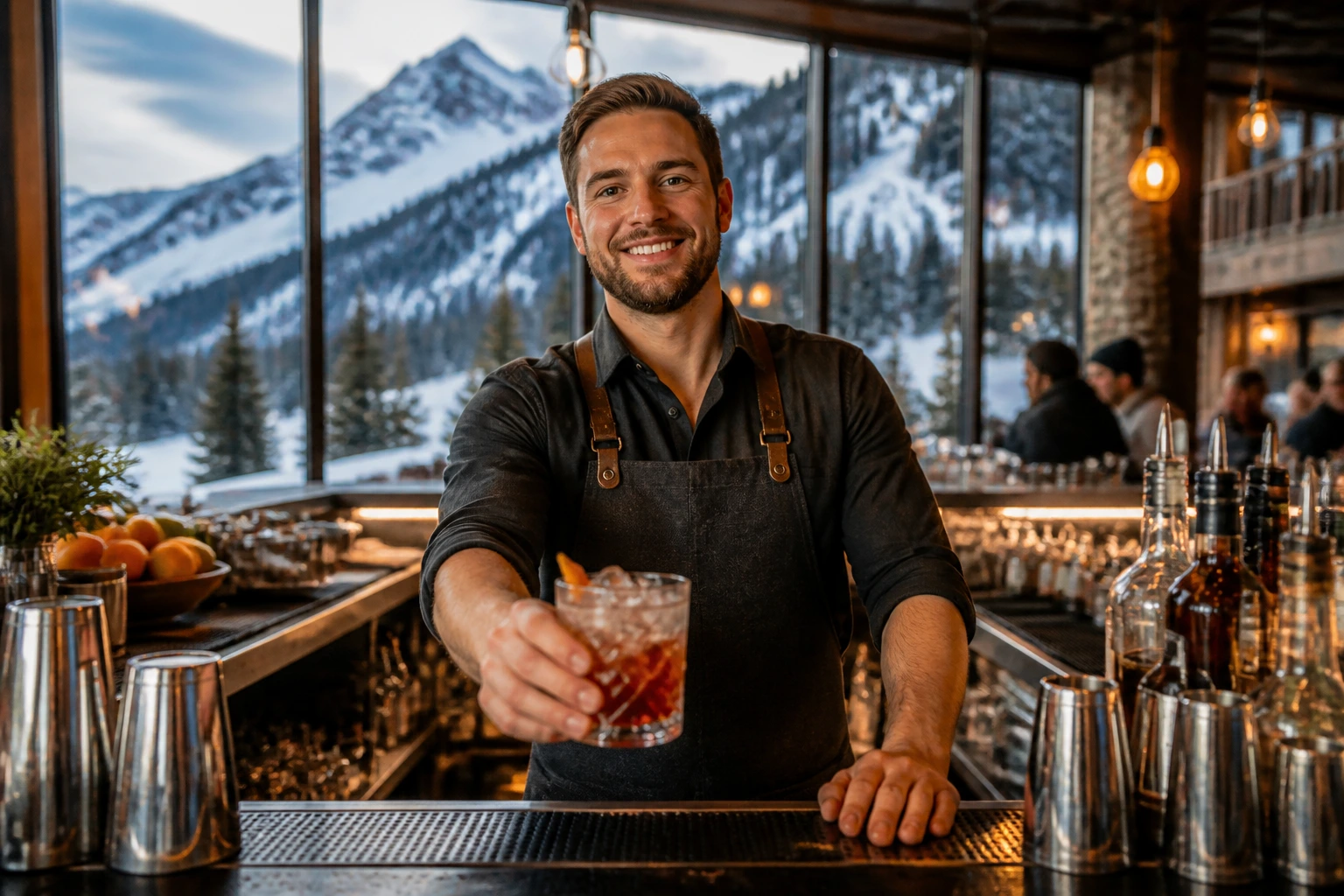 Bartender at resort-style bar with mountain view