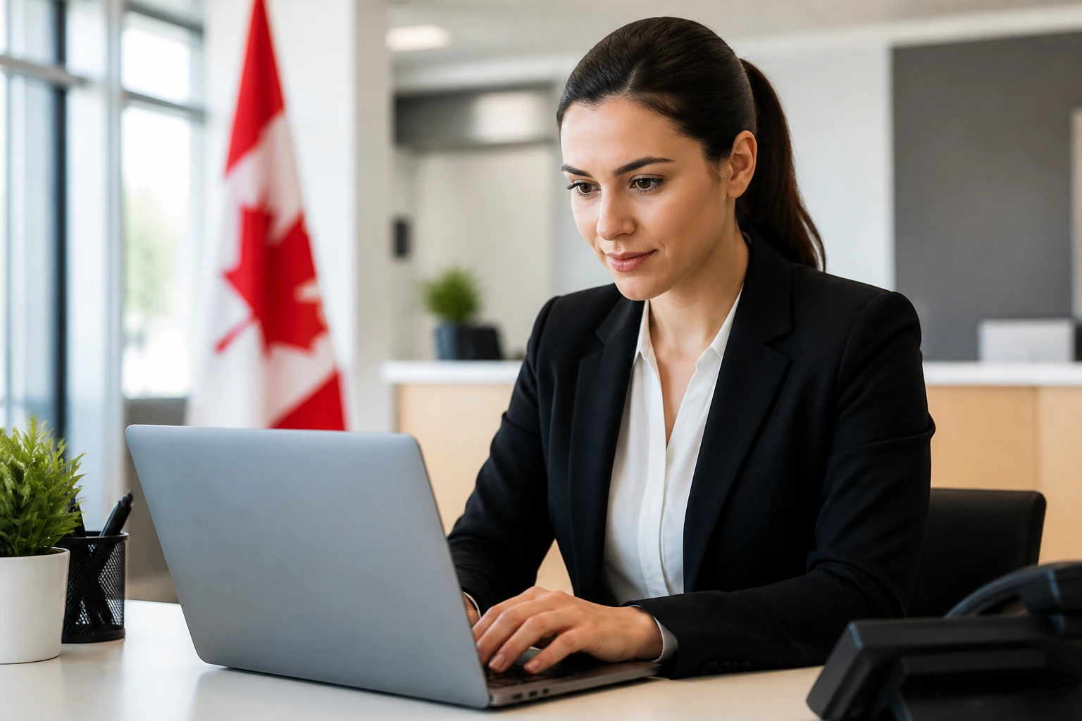 Person at a desk with a text-free laptop screen, focused on LMIA job search