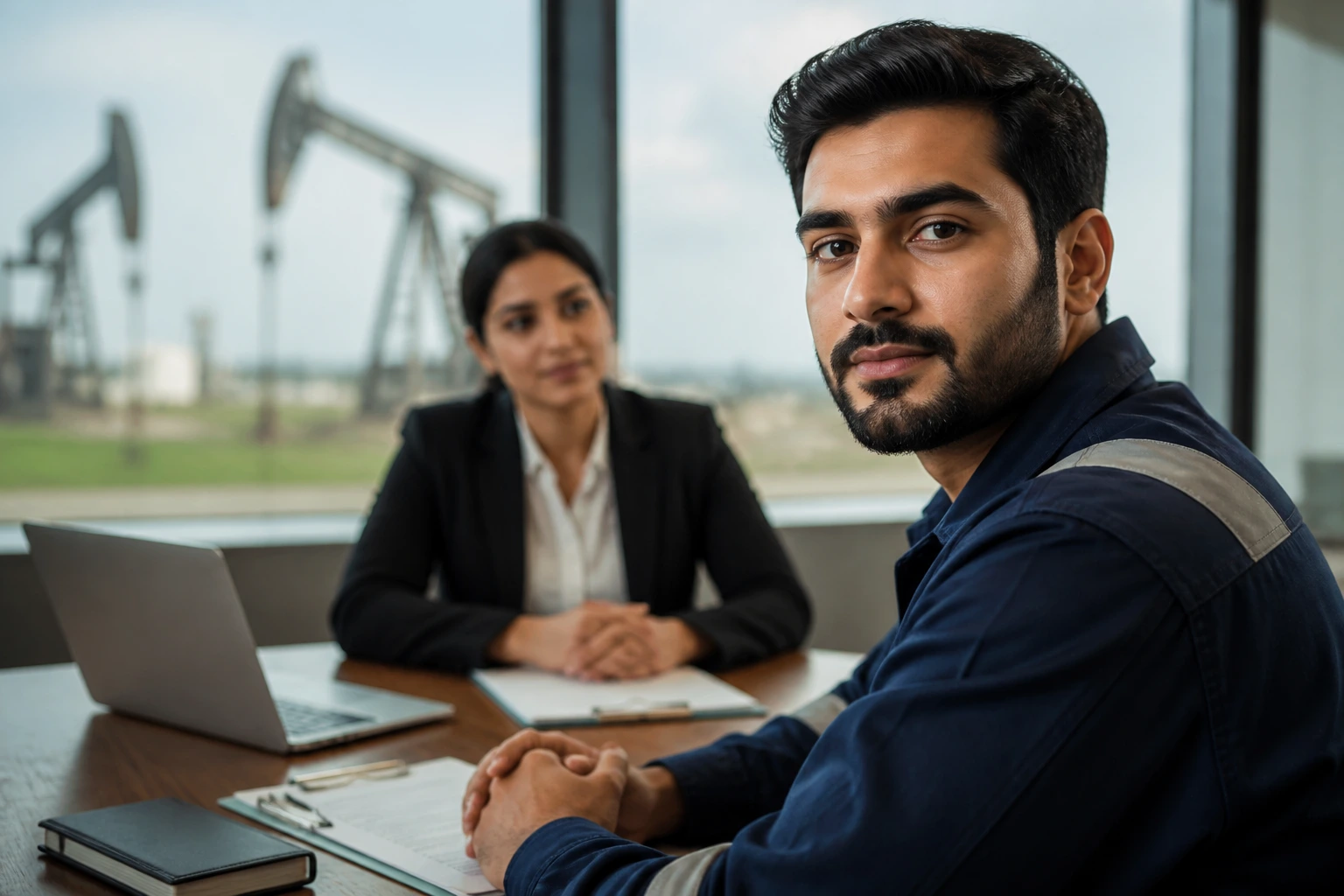 Close-up portrait of a candidate in a meeting with a recruiter, symbolizing LMIA eligibility.