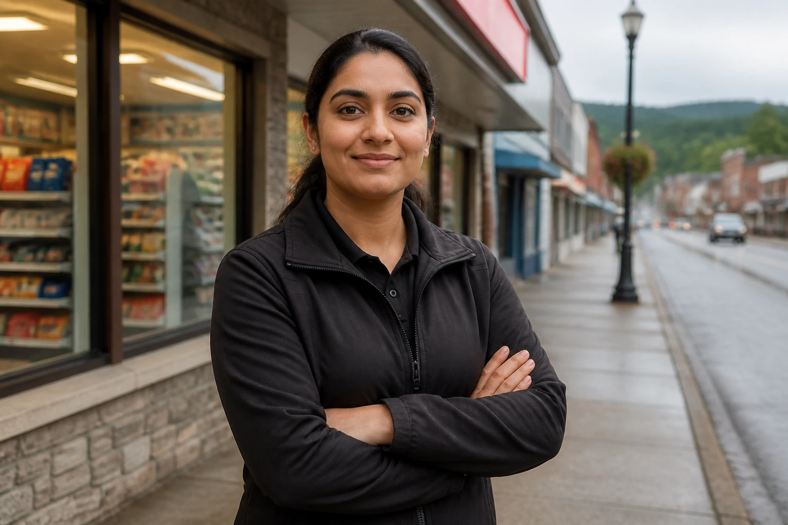 Person on a small-town street with storefronts behind, representing LMIA-supported job locations