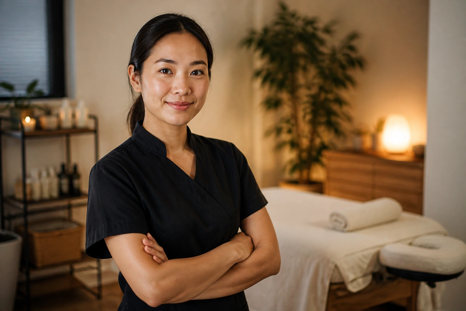 Portrait of a real massage therapist in a clinic illustrating potential long-term stability with LMIA sponsorship