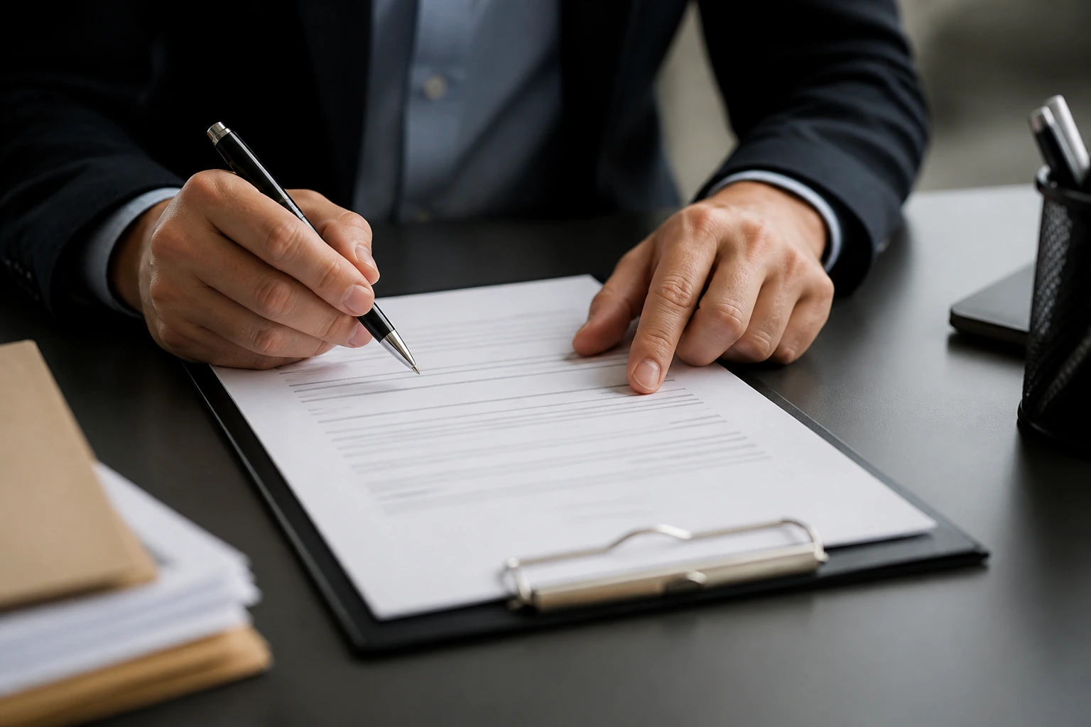 Hands over a blank contract-style document with indistinct lines