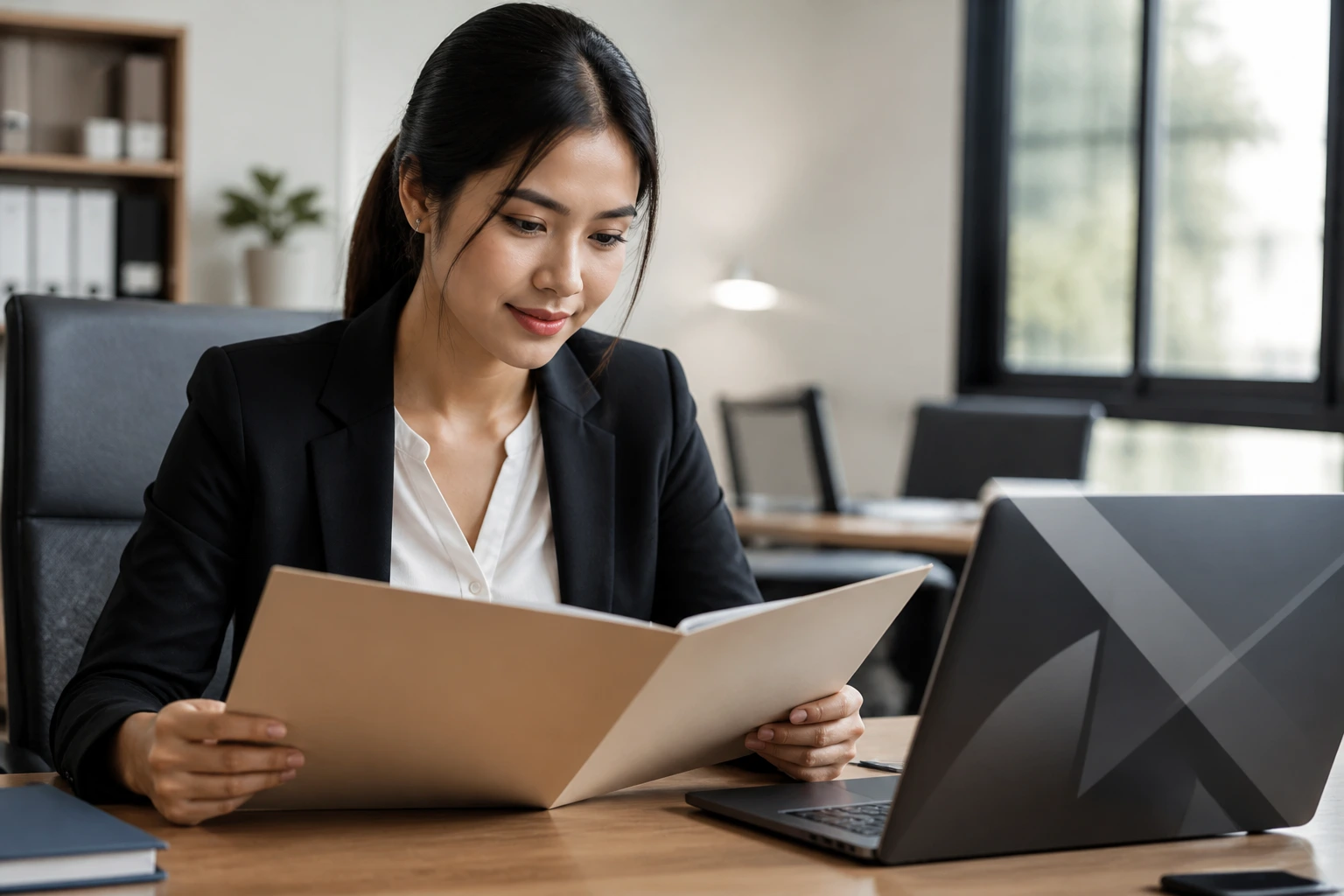 Person at desk with laptop and blank folder discussing LMIA steps