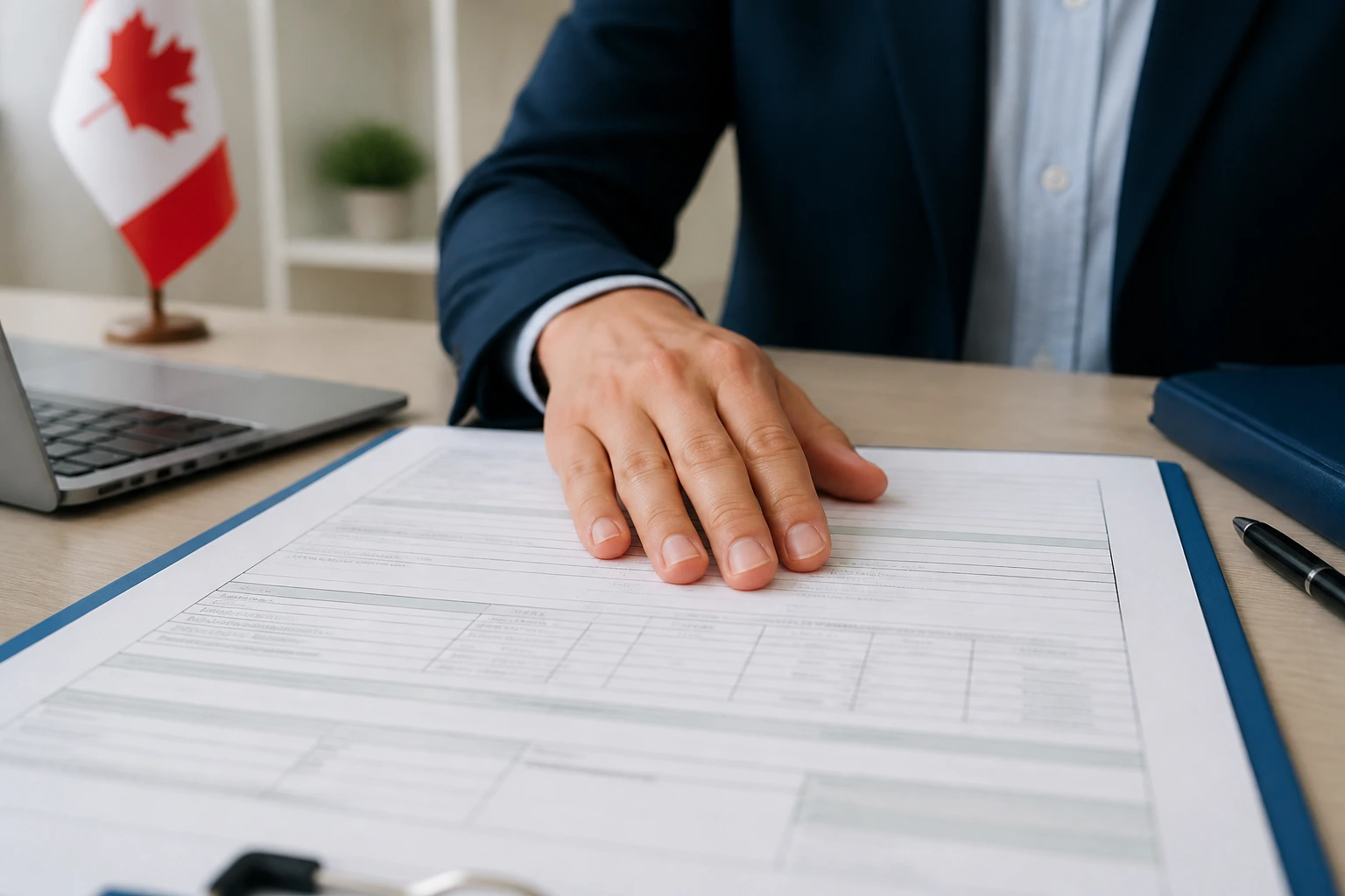 Close-up of hand on an official form representing the LMIA process