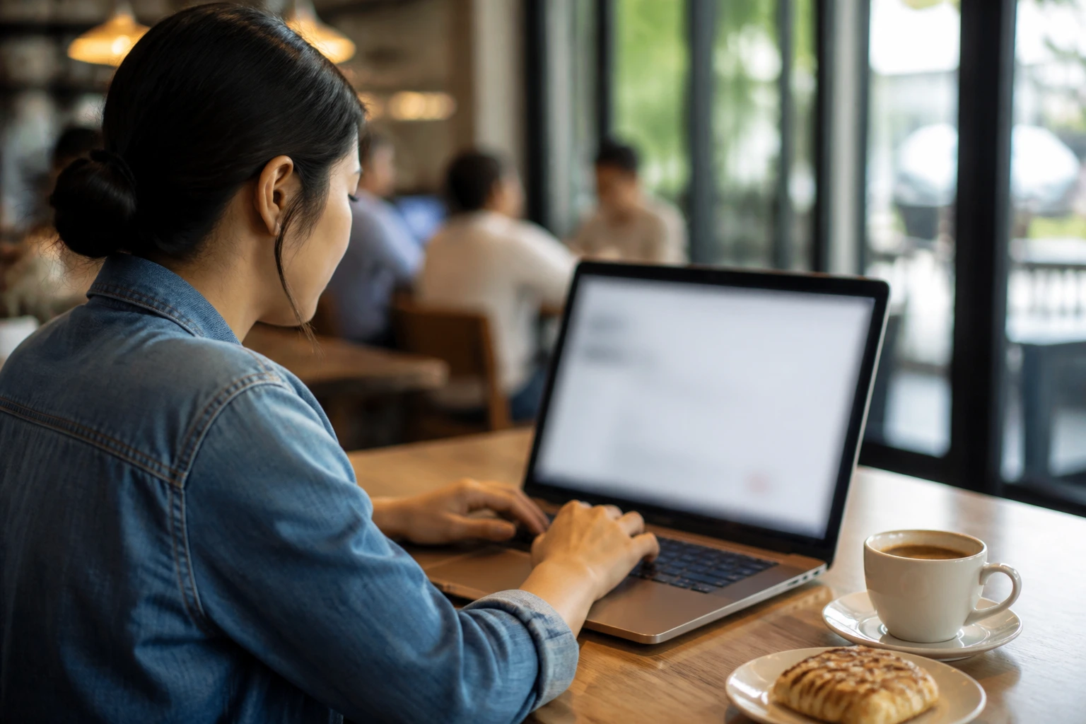 Close-up of a person typing on a laptop in a cafe, searching for LMIA-supported openings
