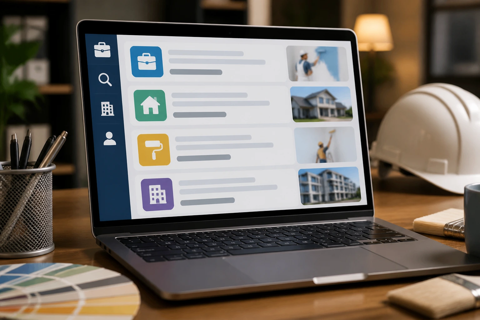 Laptop screen showing abstract job postings icons, no readable text