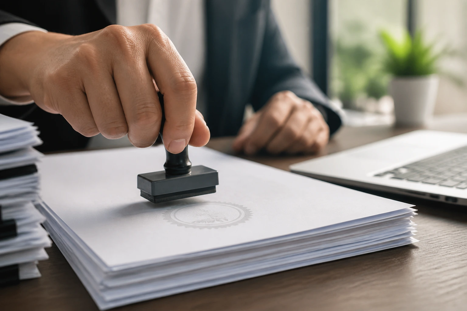 Close-up of stamping a document for LMIA paperwork