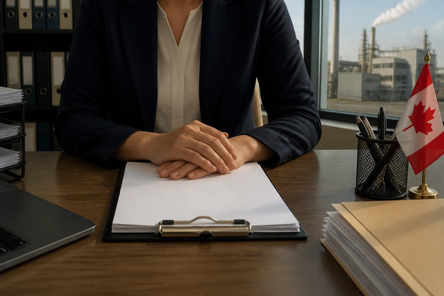 Hands on clipboard in an HR office representing LMIA paperwork process