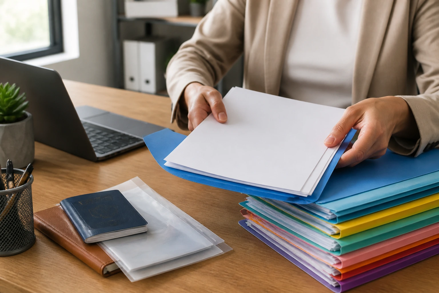 Close-up of hands organizing LMIA-related documents on a desk in an office