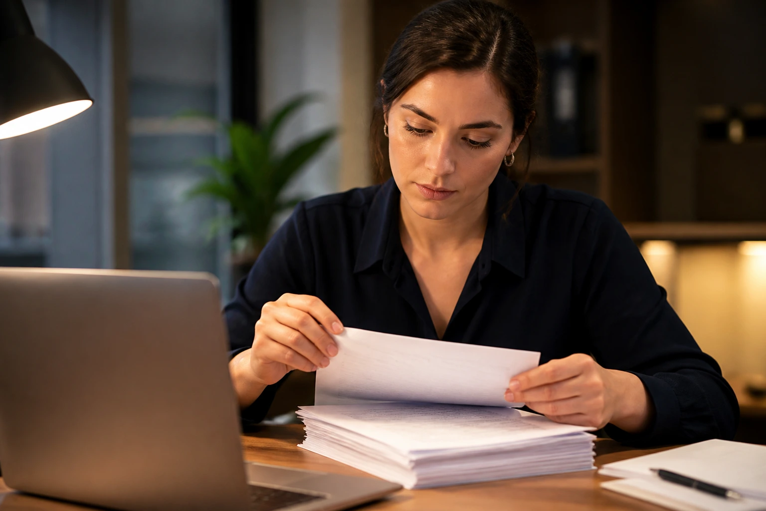 Close-up portrait of a person reviewing LMIA-related documents at a desk in an office.