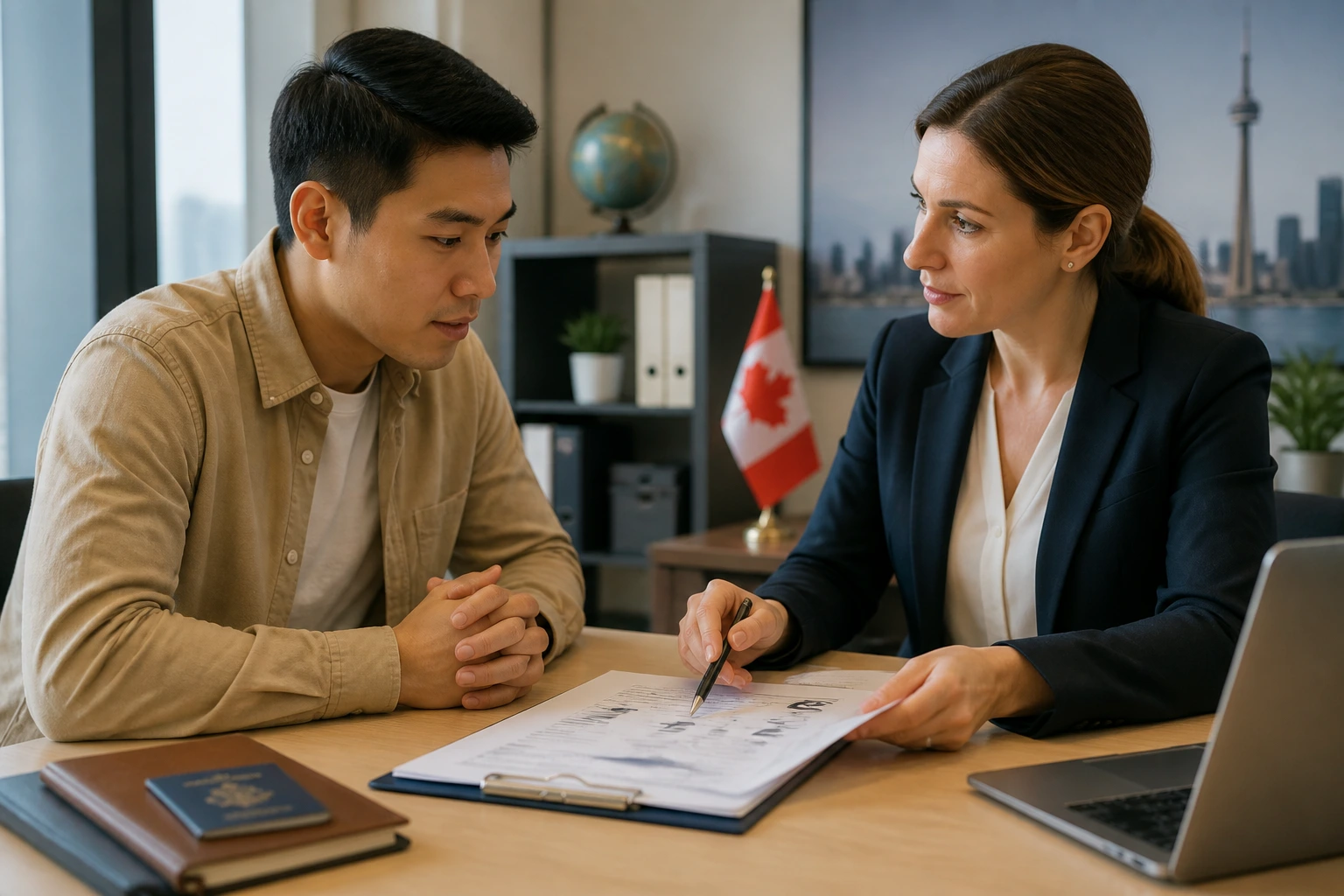 Person discussing LMIA/work permit steps with advisor