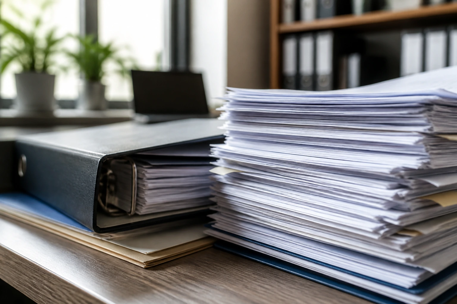 Close-up of documents and binder on a desk representing LMIA to work permit process in an office