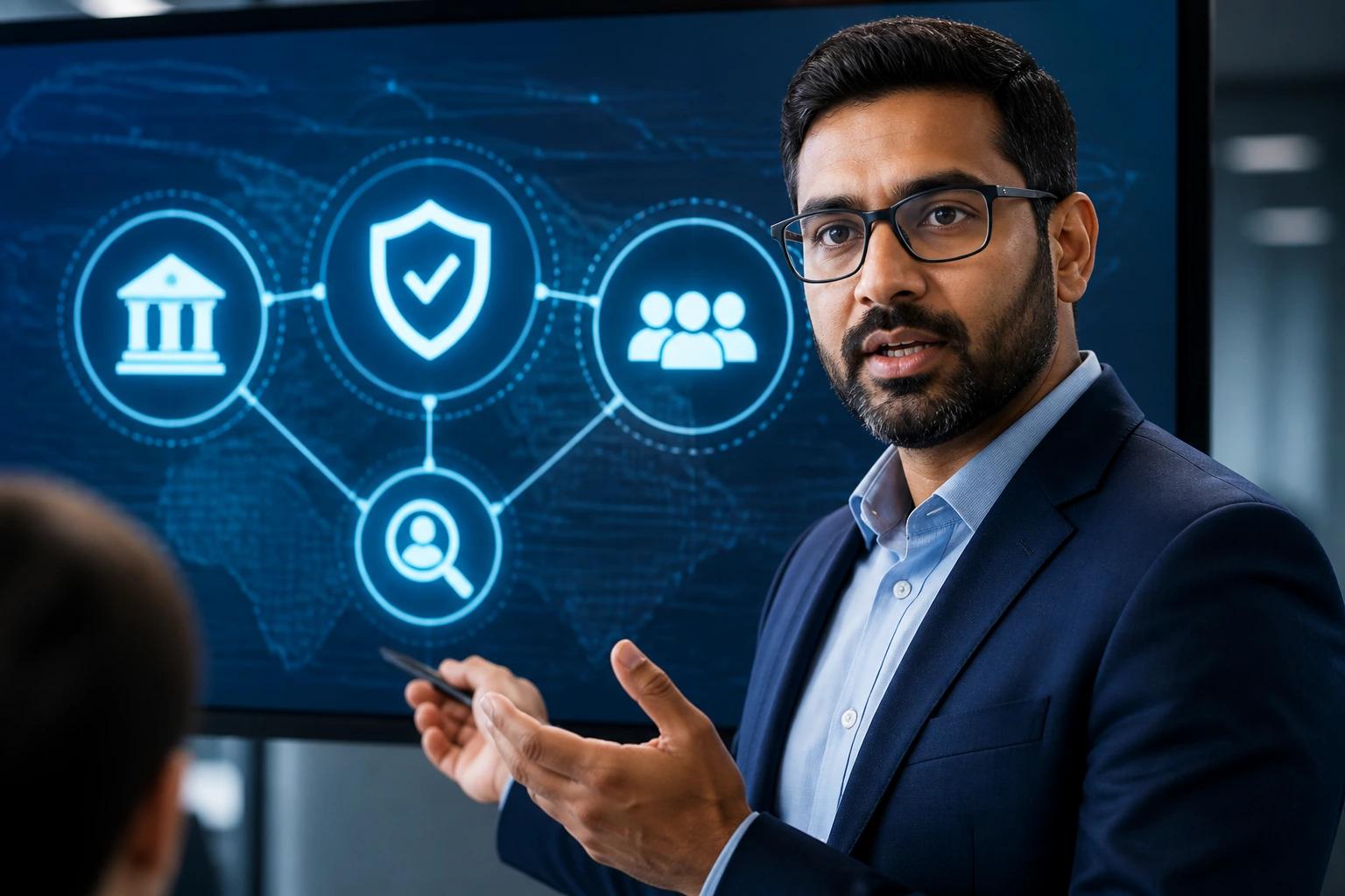 Mid-career cybersecurity professional presenting value in a boardroom