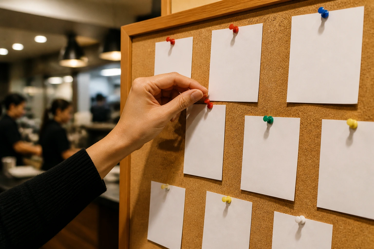 Hands pinning blank job postings on a corkboard, no text visible