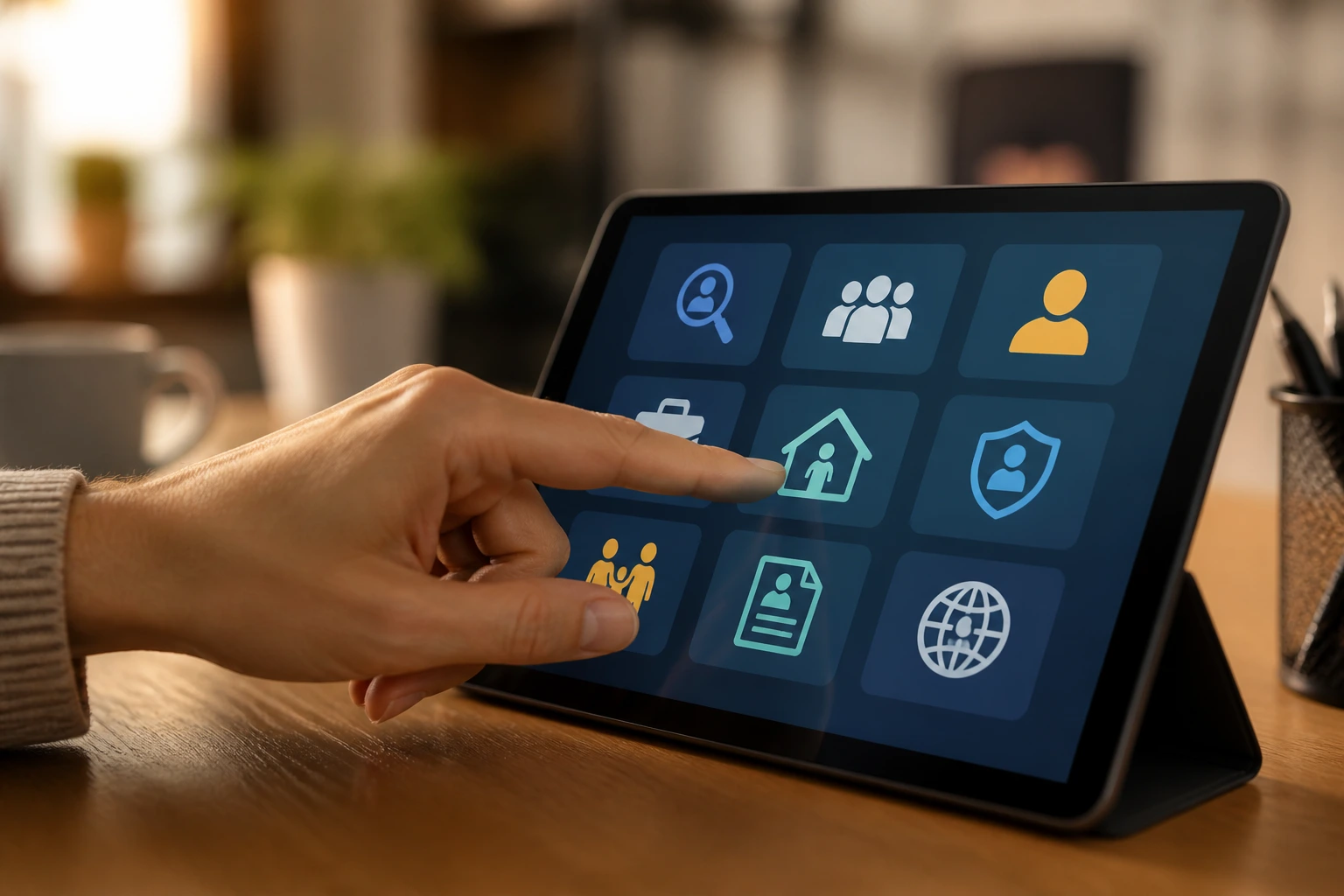 Close-up of hand tapping a tablet with abstract job-board icons, no text visible