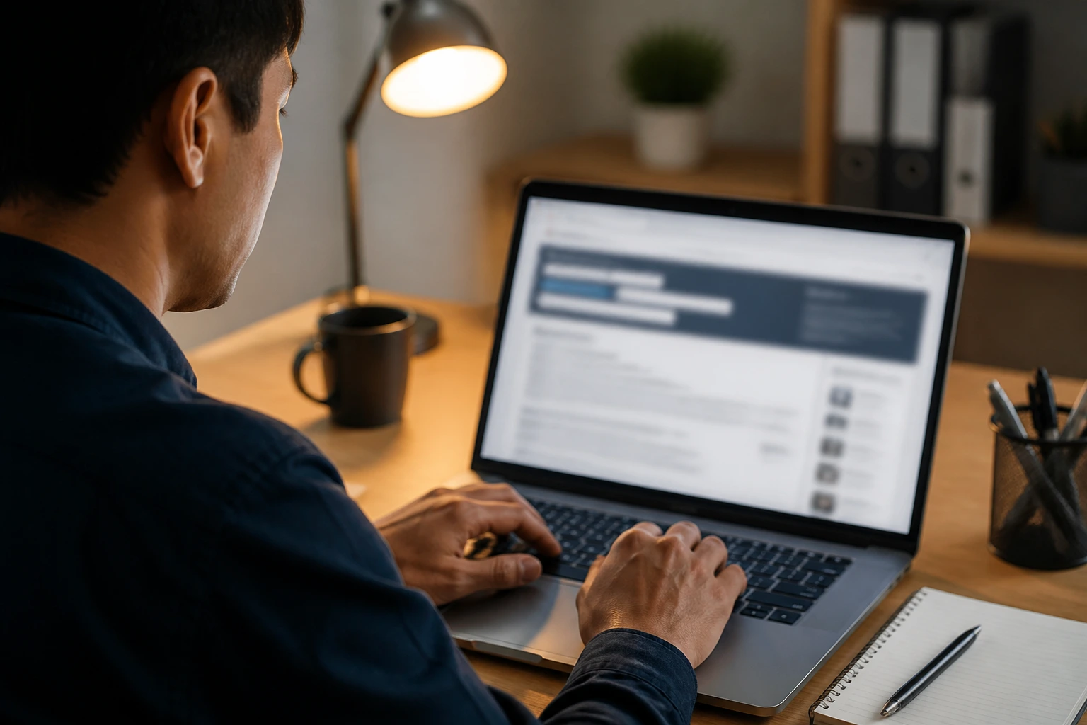 Person at desk researching LMIA-supported postings with blurred screen