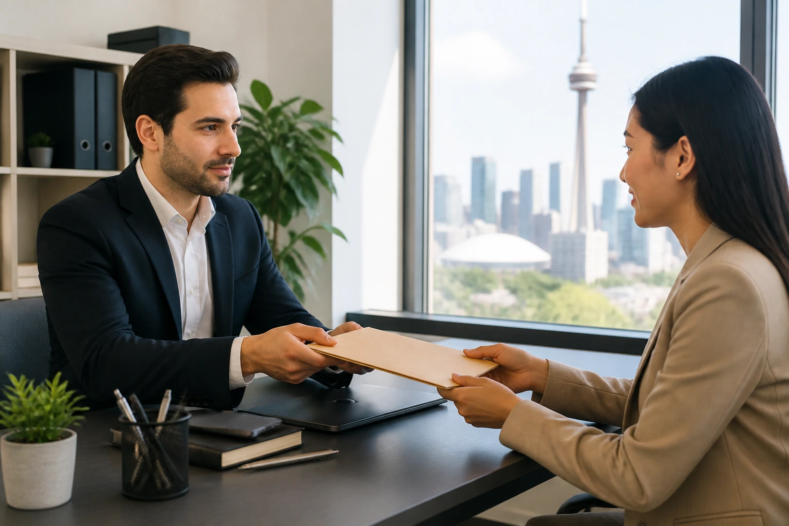 Two professionals exchanging a folder in a bright office, illustrating LMIA process steps