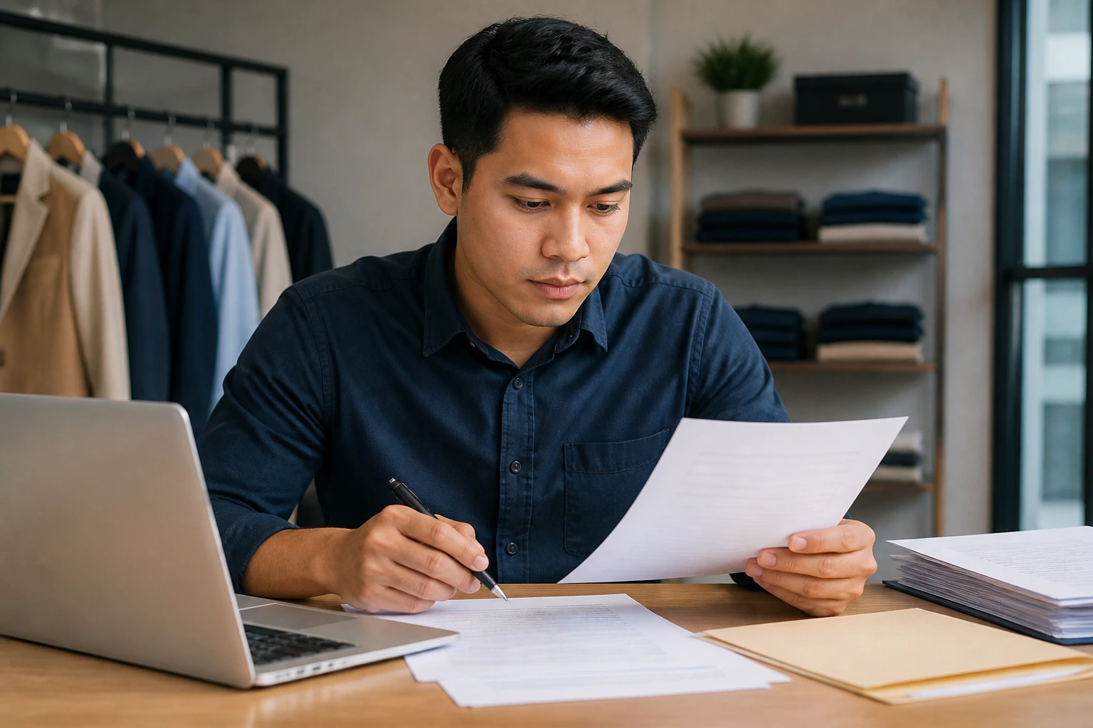 Person reviewing documents and laptop at a desk after a store offers LMIA-backed job.
