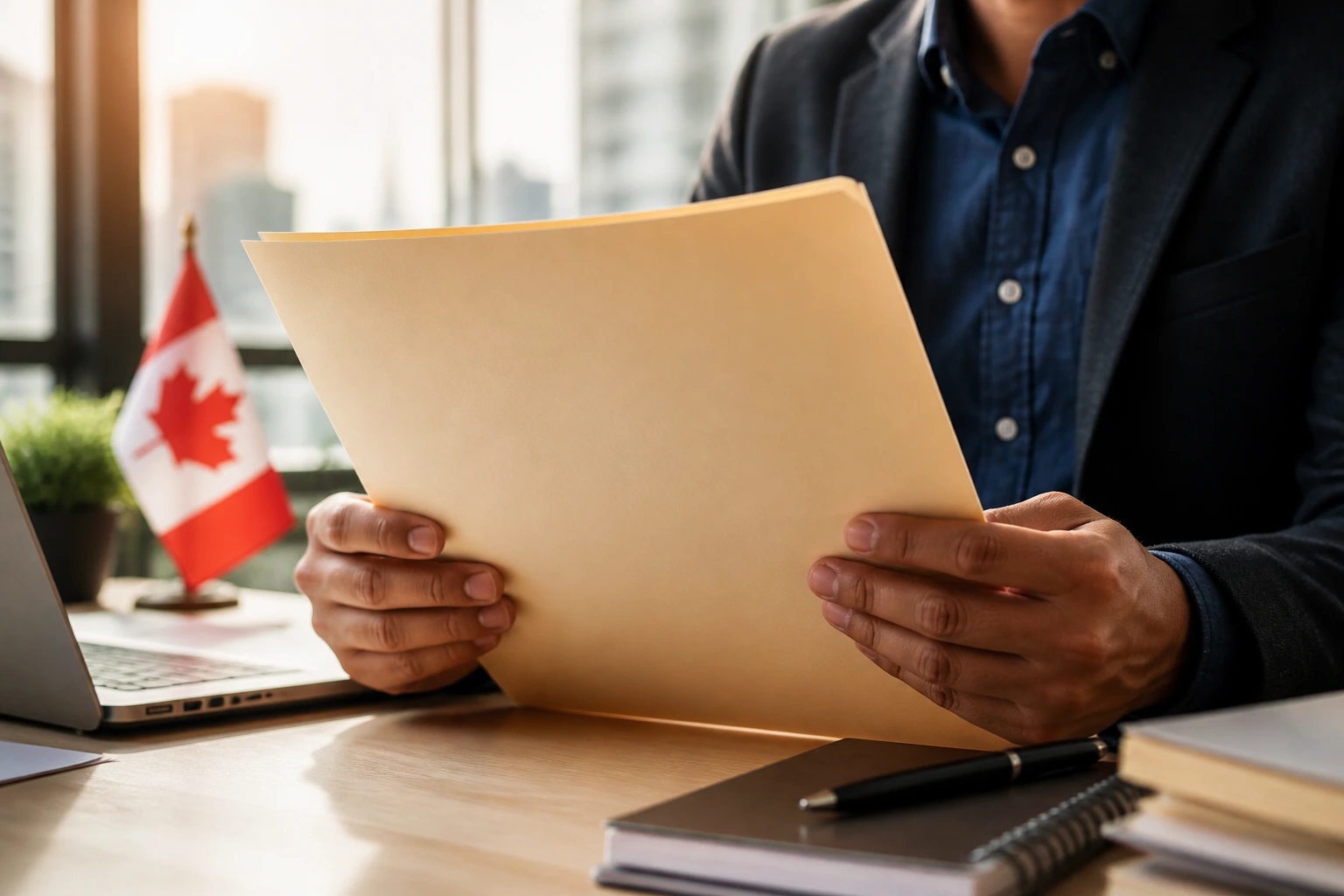 Close-up of hands holding a blank folder in an office, symbolizing the LMIA process