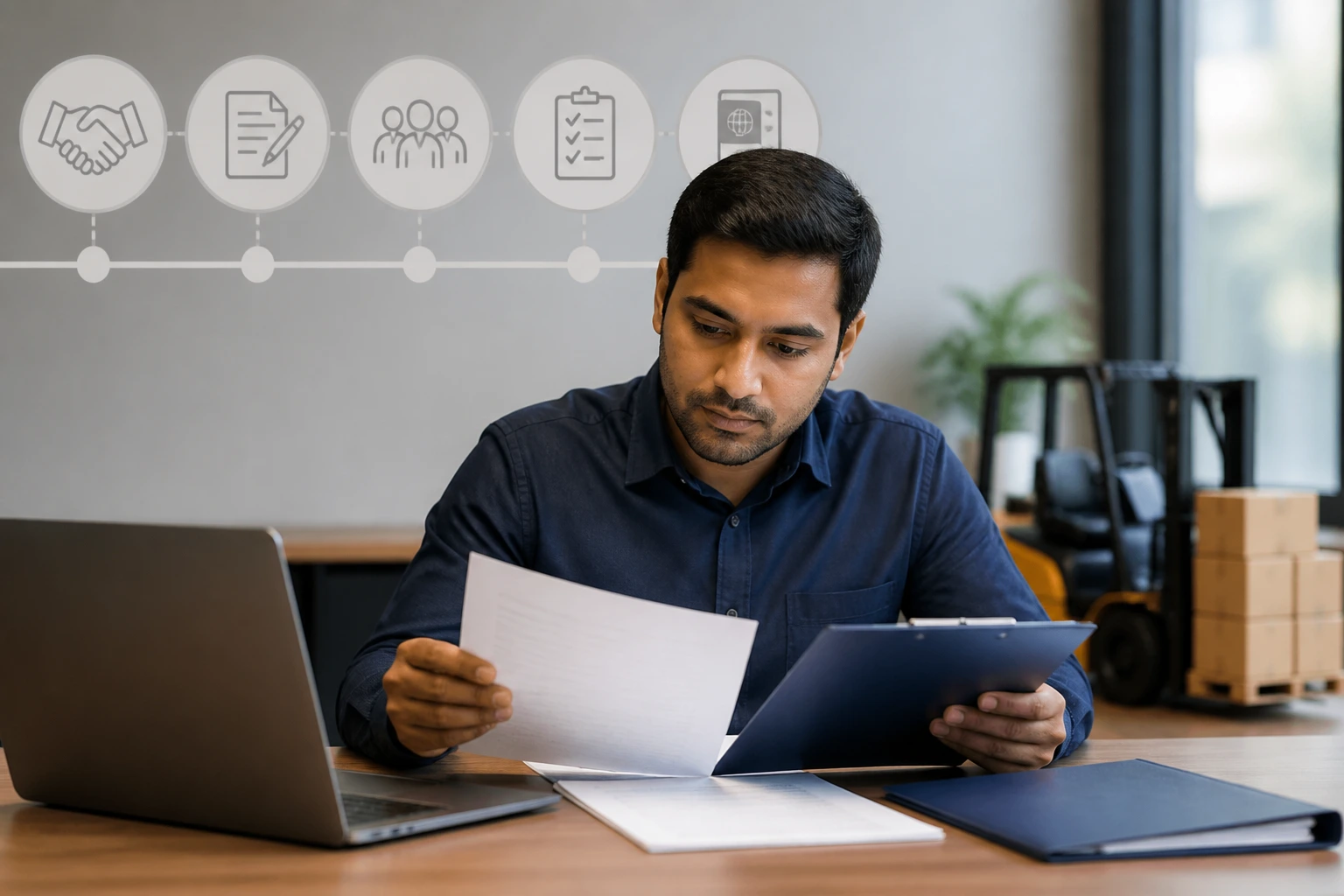 Person at a desk reviewing LMIA-related documents in an office setting.