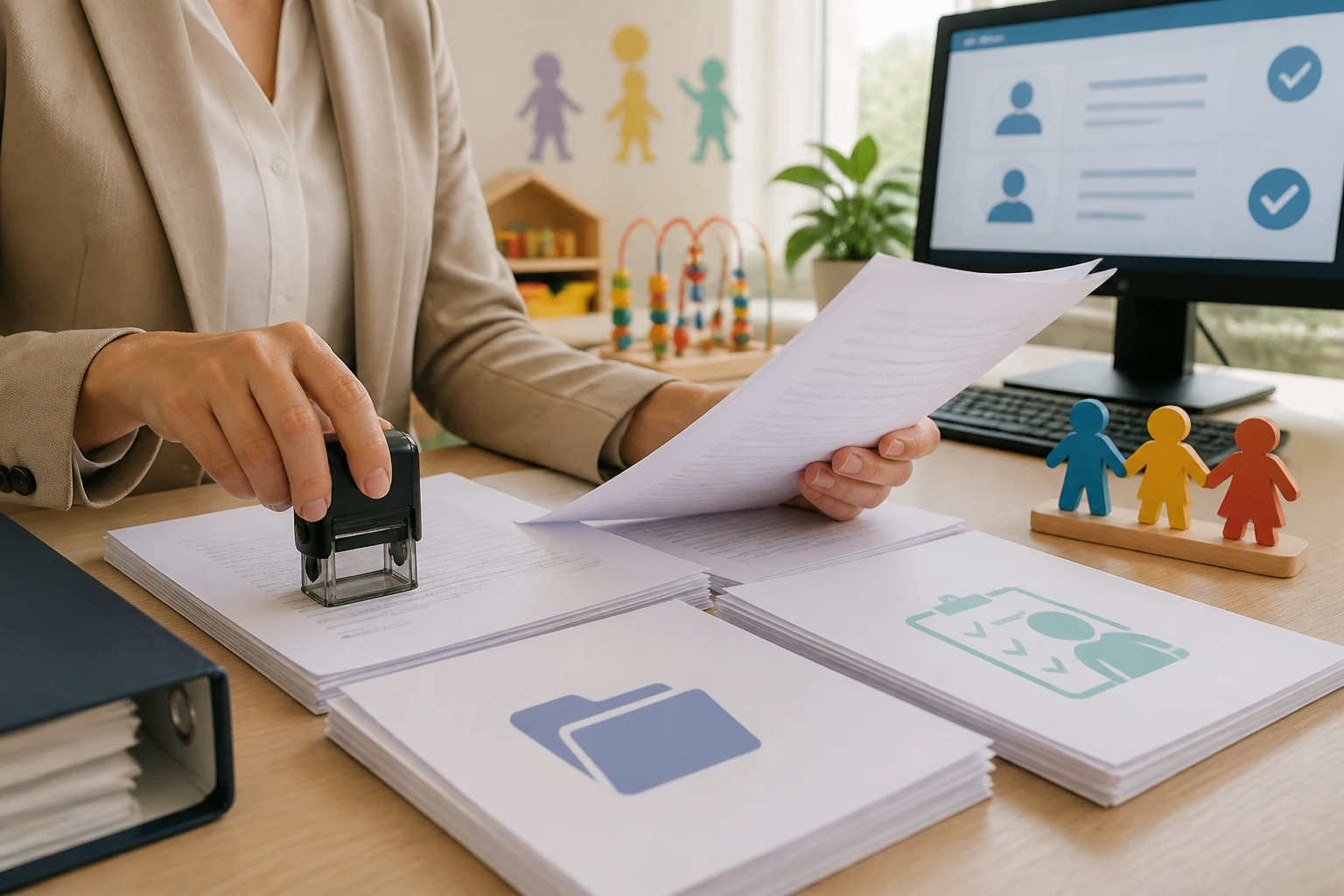 Hands of HR professional organizing LMIA paperwork at a desk