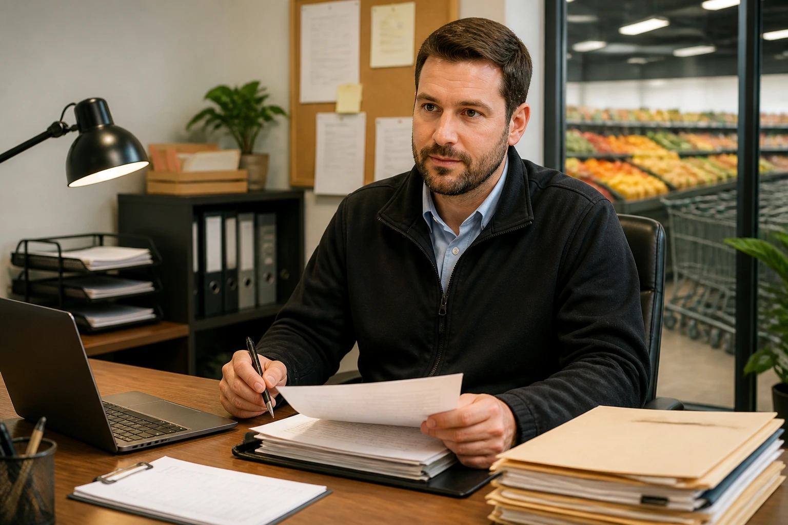 Manager at a desk illustrating LMIA process for grocery employment