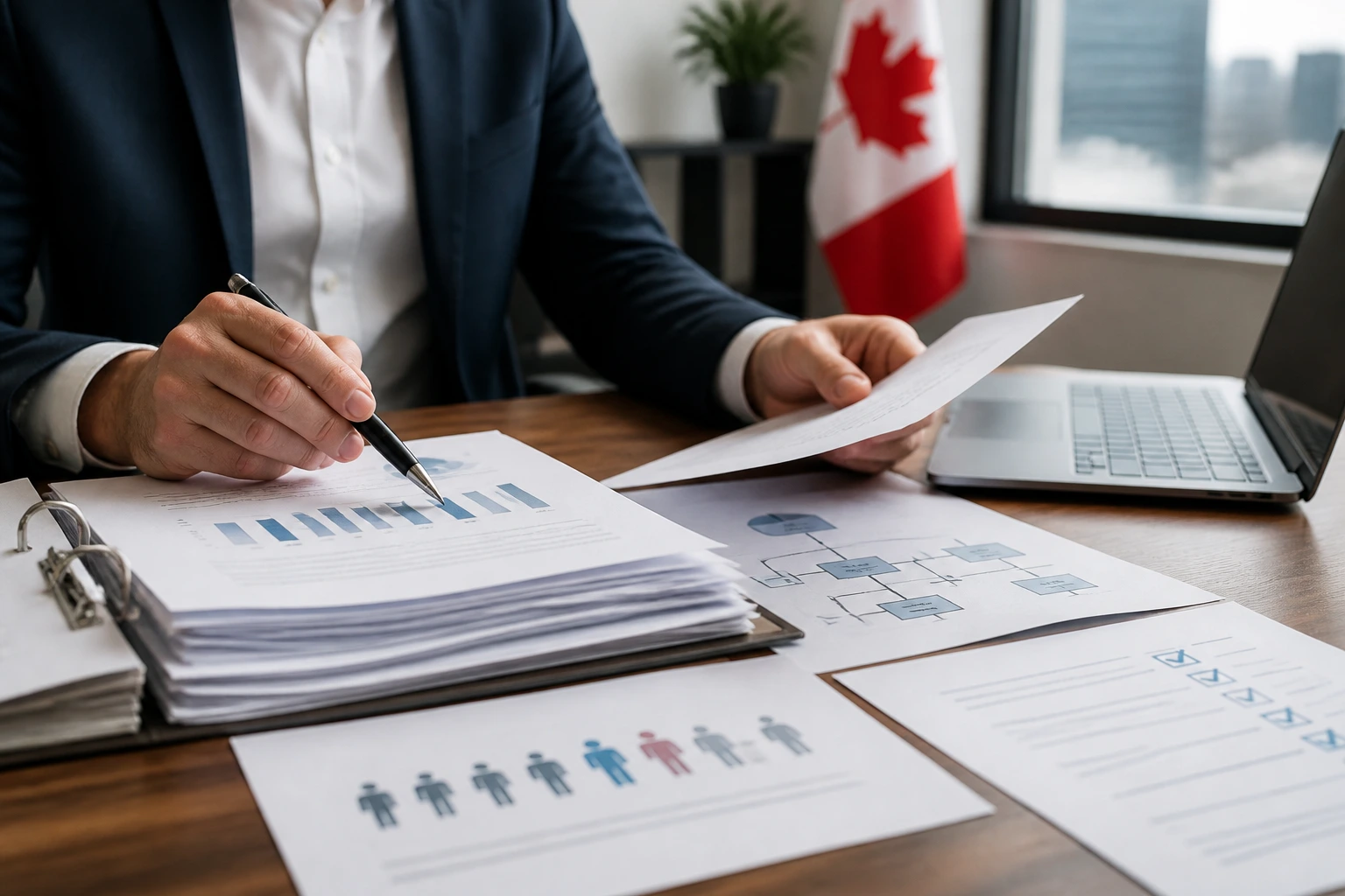 Hands of an employer on desk with documents and laptop illustrating LMIA process