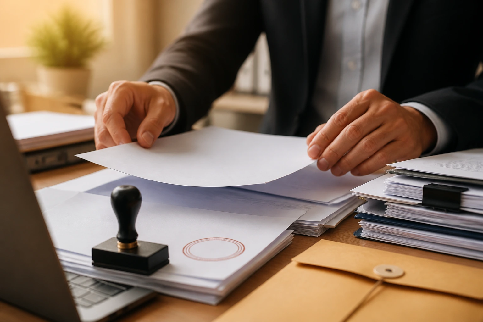 Desk scene showing unmarked forms and a stamp without any text