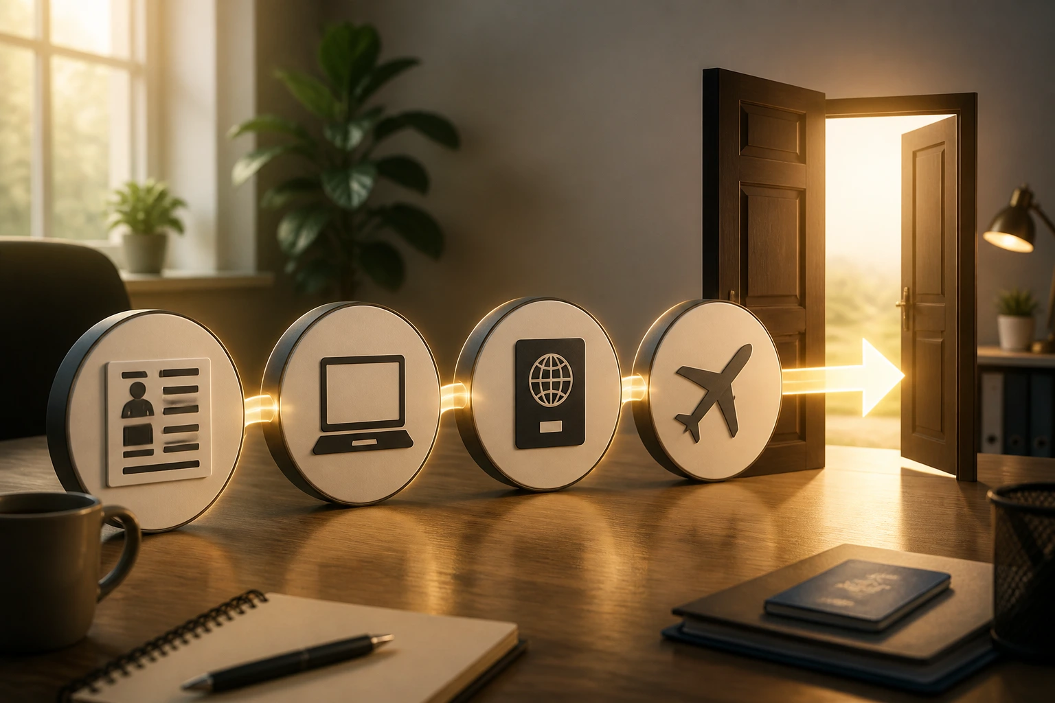 Desk scene illustrating LMIA process flow with icons