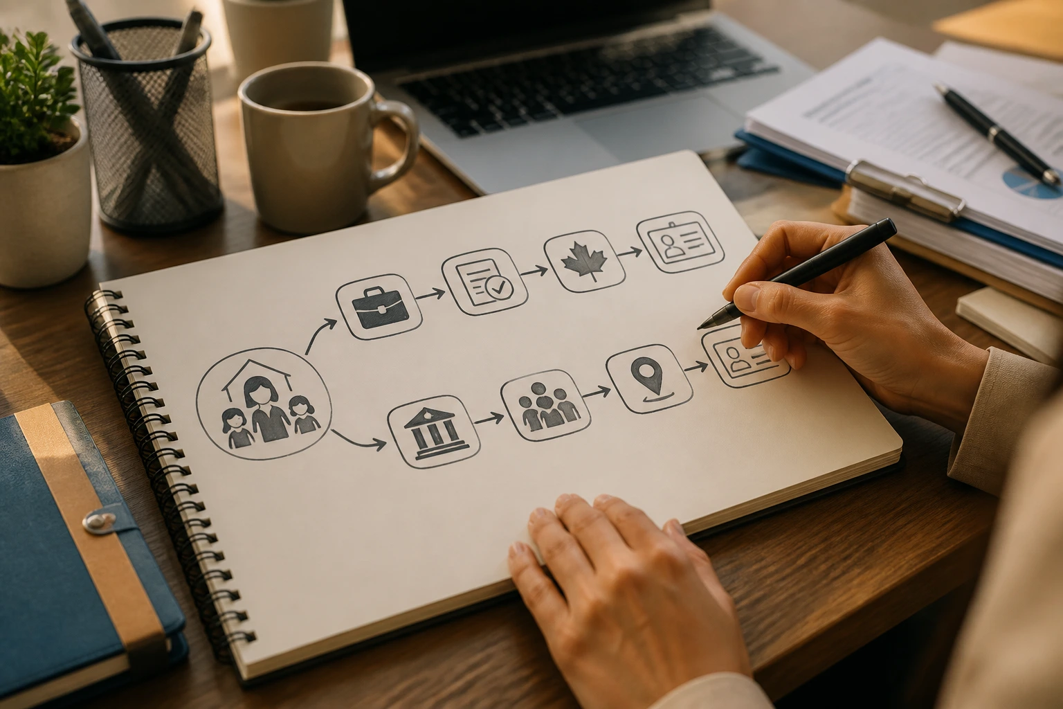 Hands tracing a flow diagram for work permit routes in a desk setting