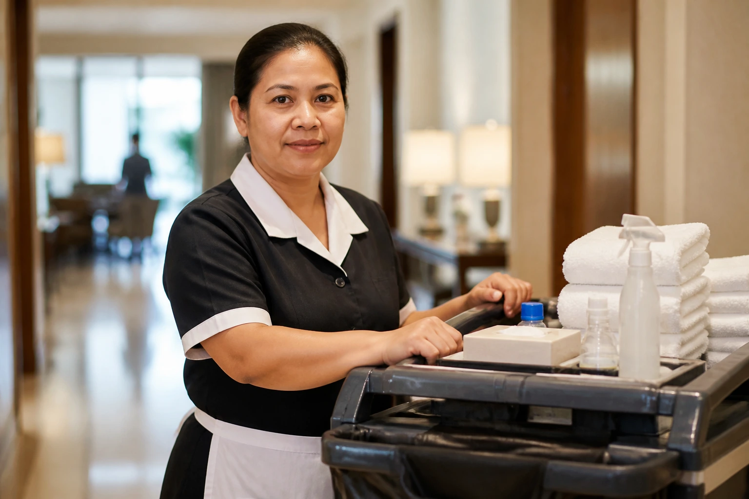 Hotel housekeeper in LMIA context performing room cleaning