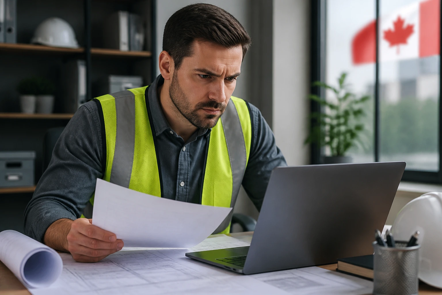 Close-up portrait of a professional engineer evaluating documents on a laptop in an office.