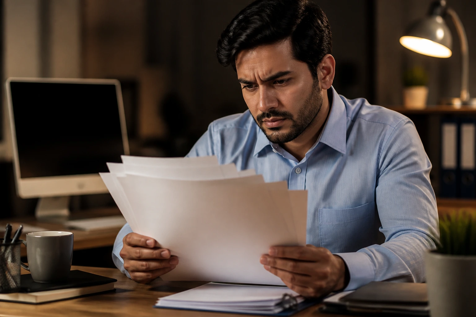Close-up of a worried job seeker examining blank papers at a desk, symbolizing fake LMIA offers