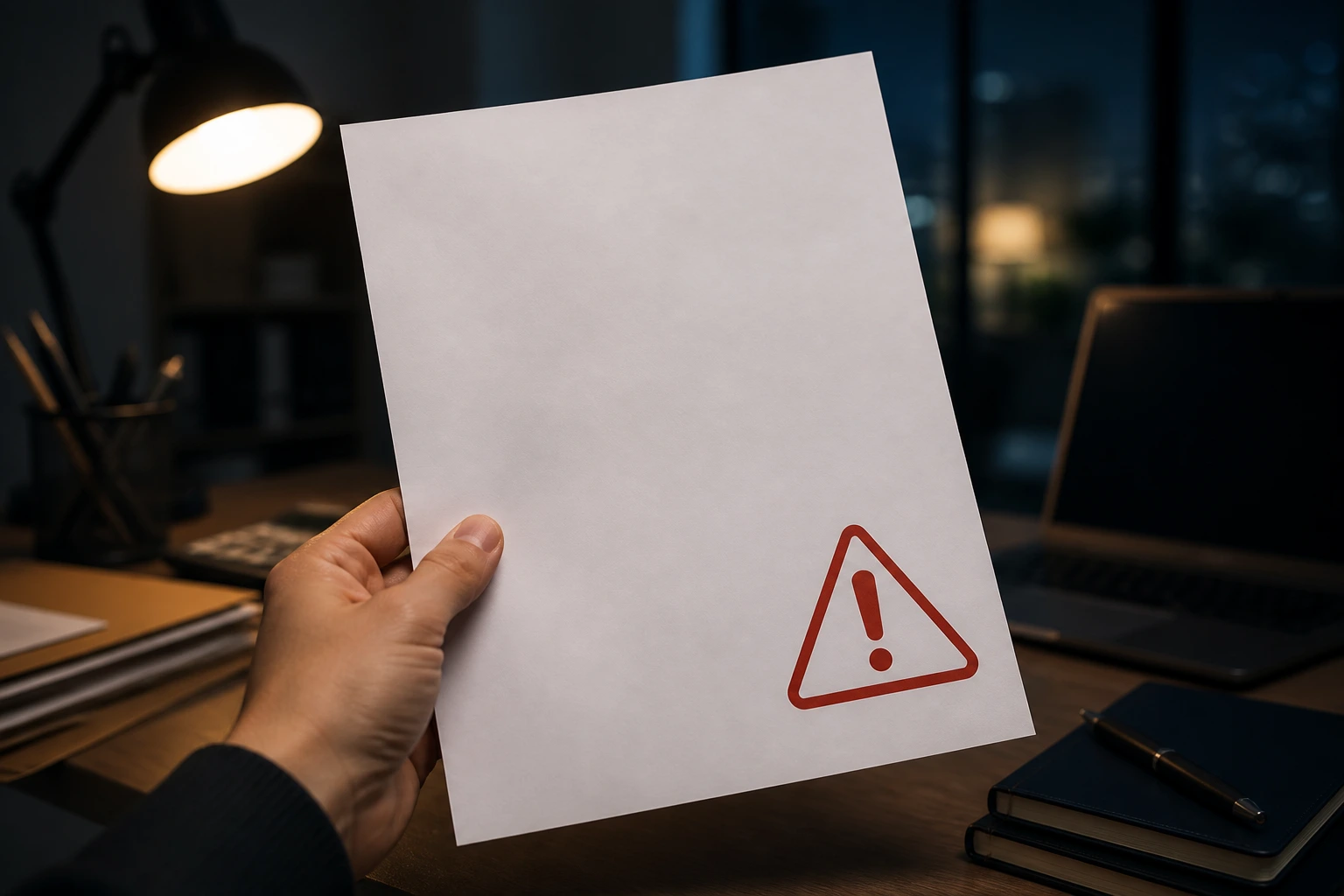 Close-up of hand holding blank document with red warning corner, signaling a scam