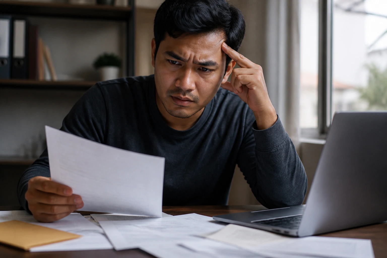 Close-up of wary job applicant evaluating documents for LMIA scam signs