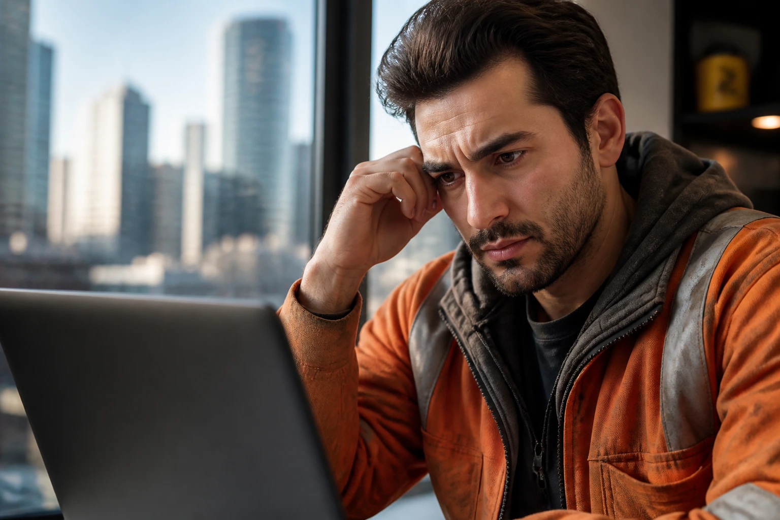 Person in an office showing wary suspicion about job offers