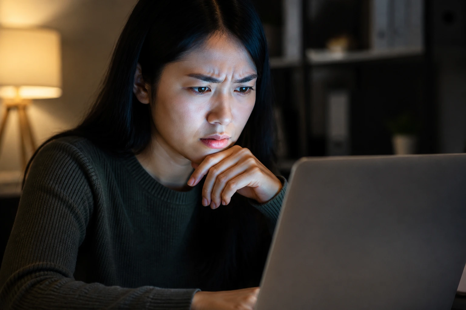 Wary job seeker looking at laptop in a dimly lit room