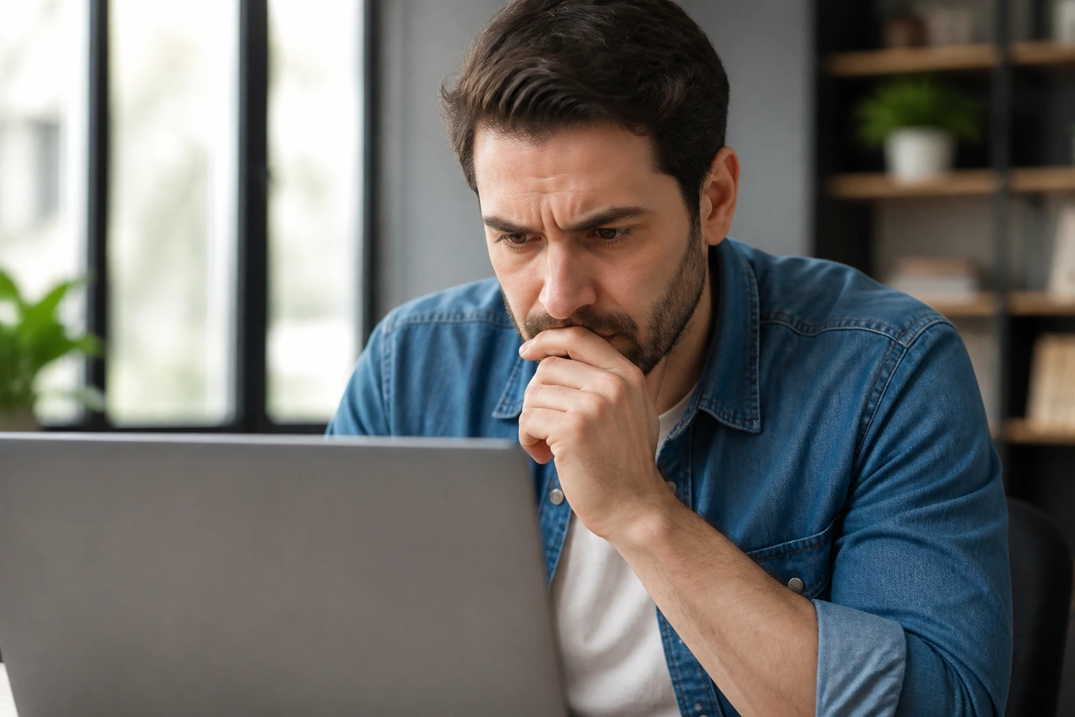 Person evaluating a job ad on laptop with cautious expression