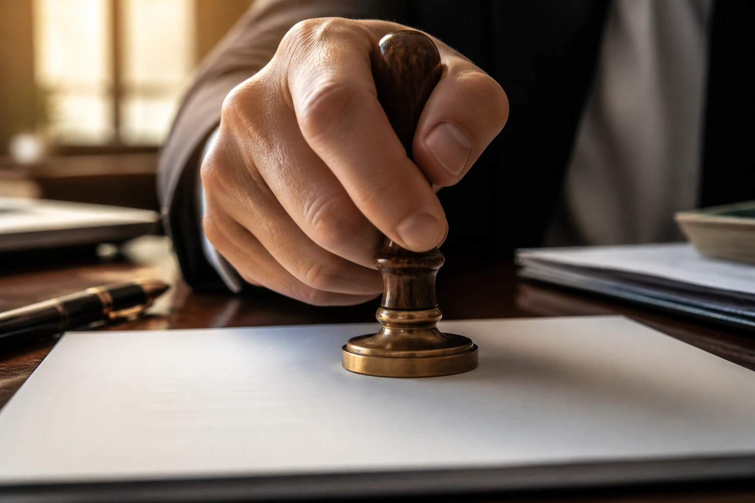 Close-up of a hand pressing an official seal on a document, symbolizing LMIA process in an office