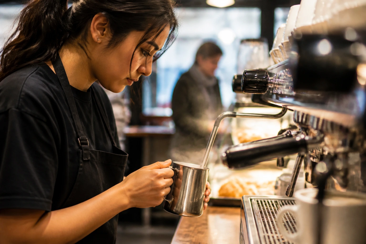 Close-up of barista hands at a coffee counter illustrating LMIA sponsorship concept