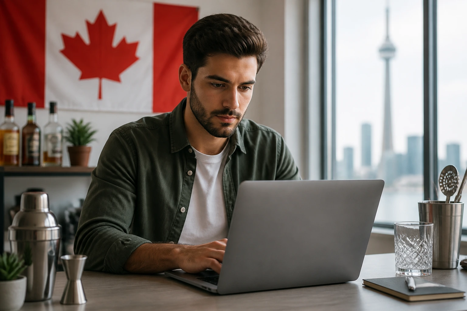 Person at desk with laptop and Canada backdrop hinting LMIA sponsorship