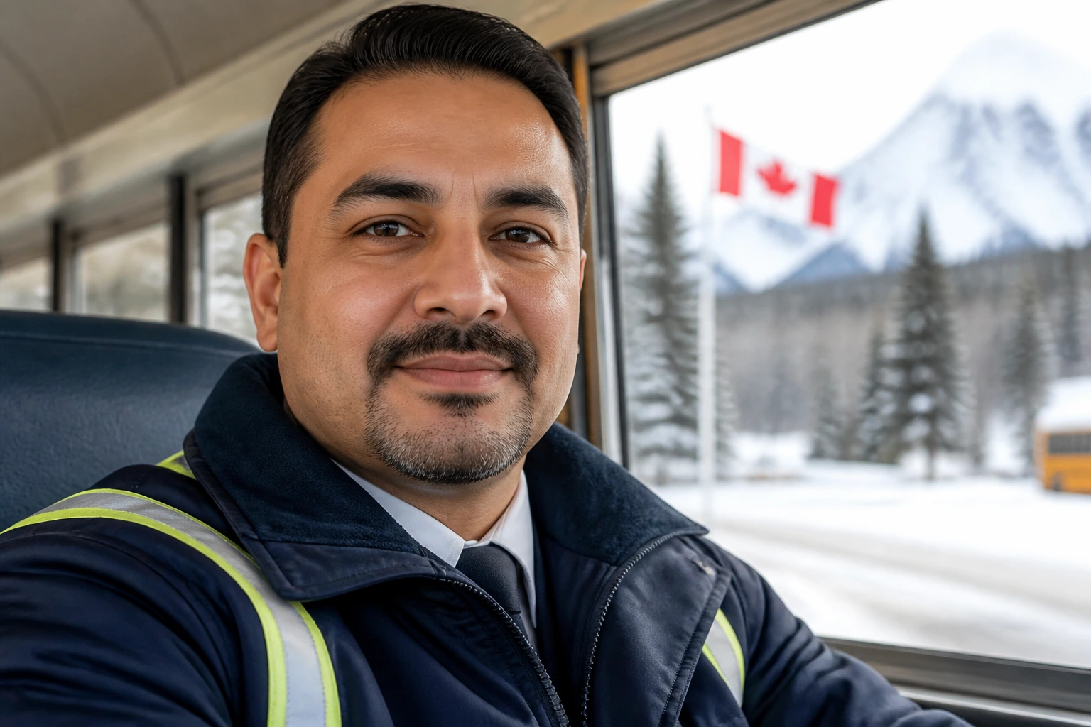 Bus driver in uniform with snowy landscape visible through window
