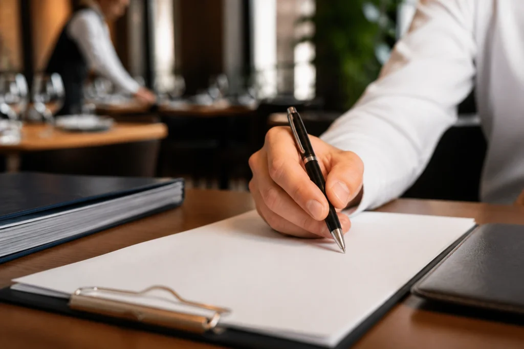 Close-up of hand over a blank document related to LMIA sponsorship