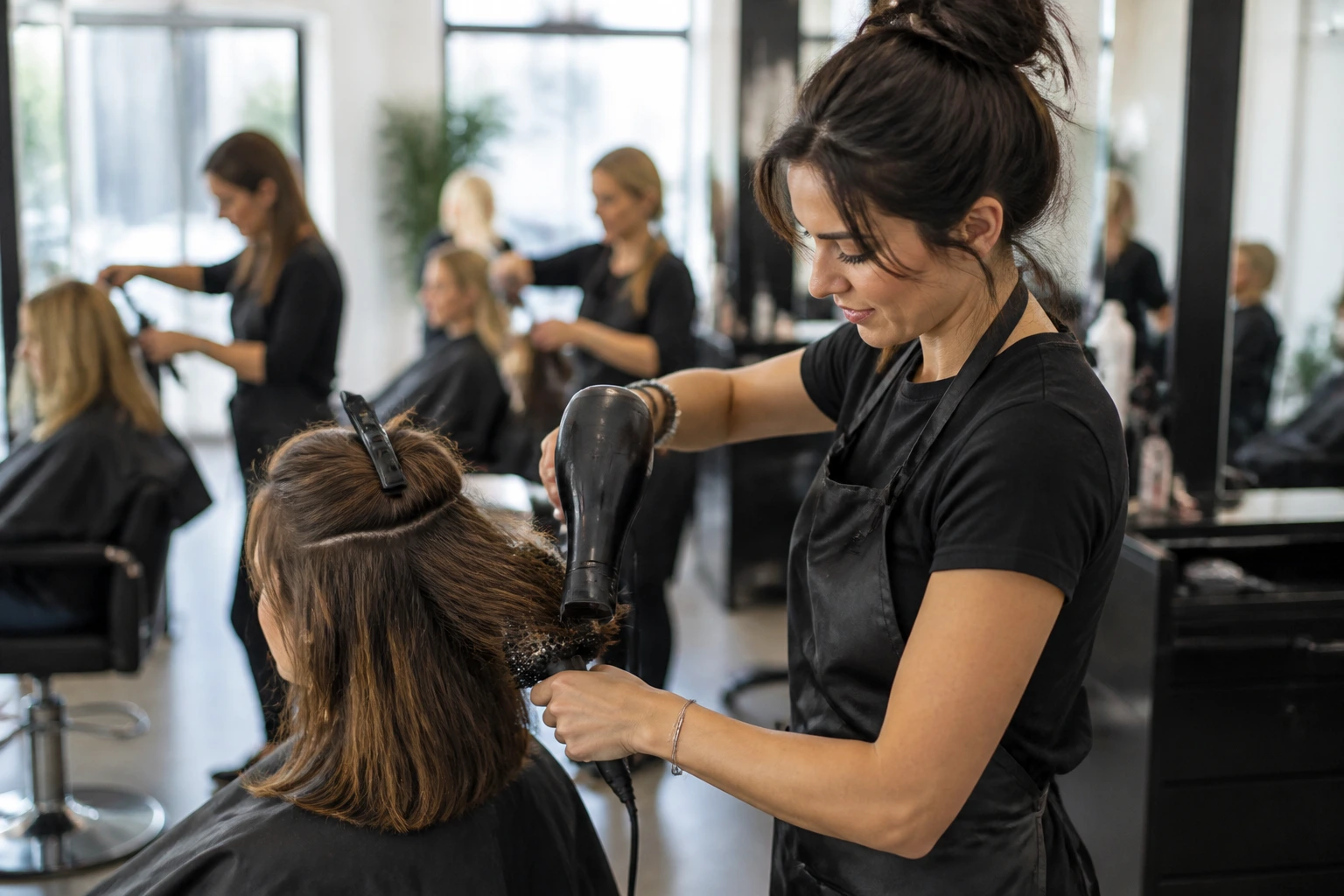Hairstylist working at a busy salon station with a client