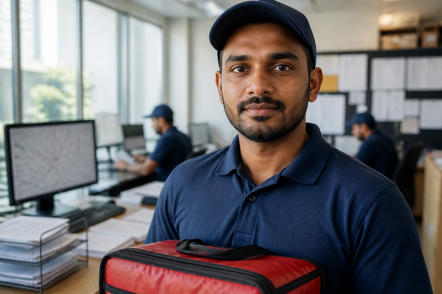 Close-up portrait of a delivery driver in a dispatch office setting