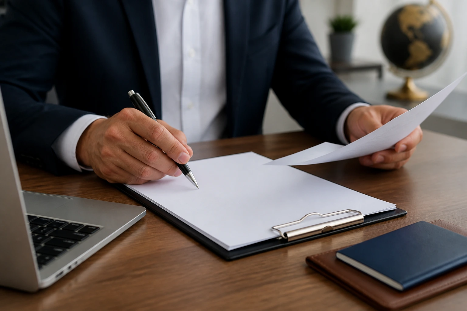 Hands on a desk with blank documents and a laptop, representing LMIA sponsorship workflow.