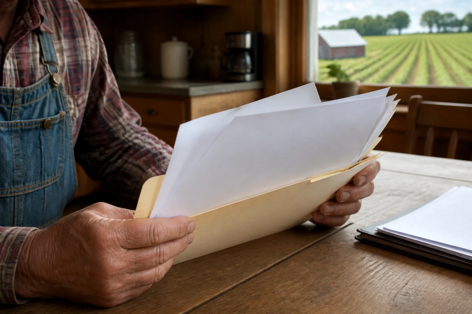 Close-up of a farmer's hands with blank forms on a desk, rural farm setting.