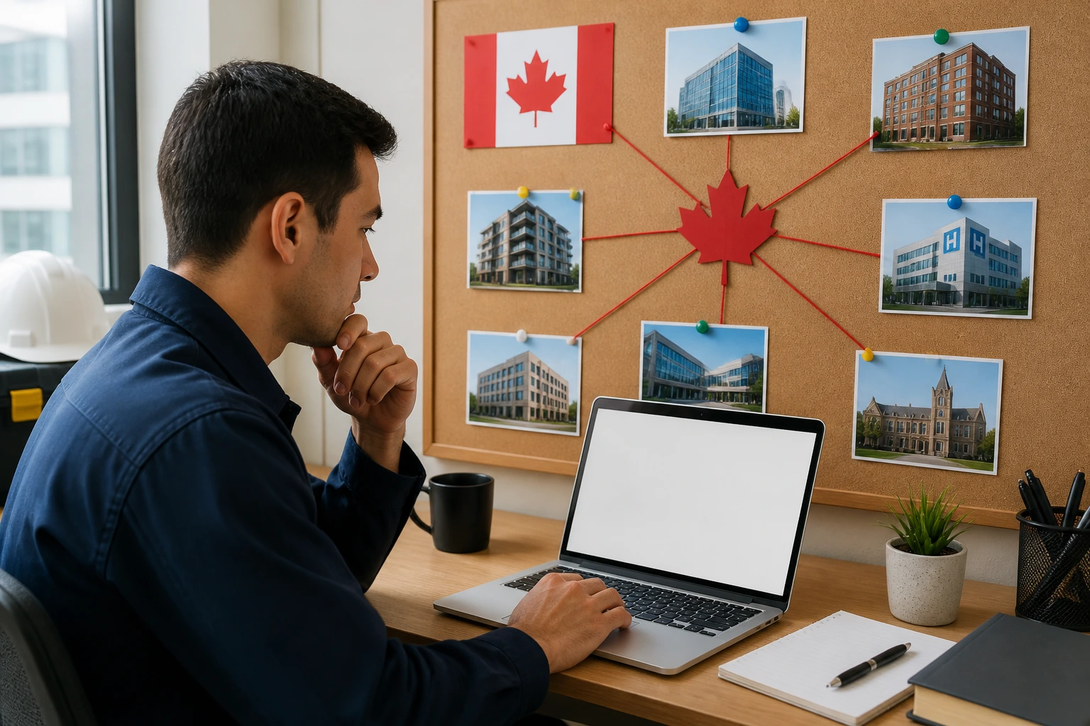 Person at desk using laptop with a background wall of pinned connections