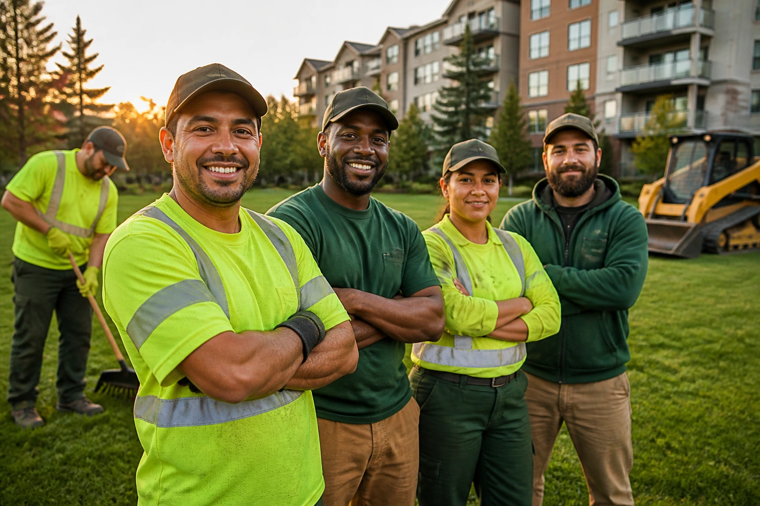Diverse landscaping crew on a Canadian residential property at dawn, ready for work